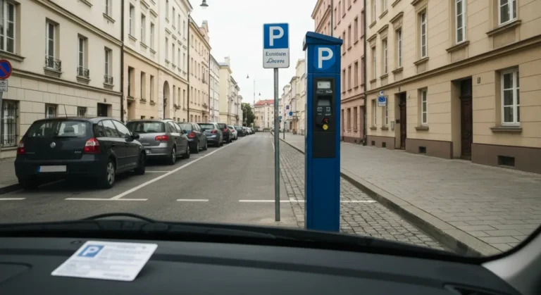 Zaparkowane samochody przy kamienicach w strefie platnego parkowania w centrum Warszawy, parkomat i slupek oznaczenia st