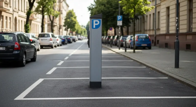 Rzad zaparkowanych aut przy krawezniku i szary parkometr na spokojnej warszawskiej ulicy w strefie platnego parkowania,