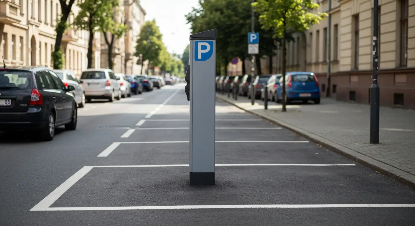 Rzad zaparkowanych aut przy krawezniku i szary parkometr na spokojnej warszawskiej ulicy w strefie platnego parkowania,