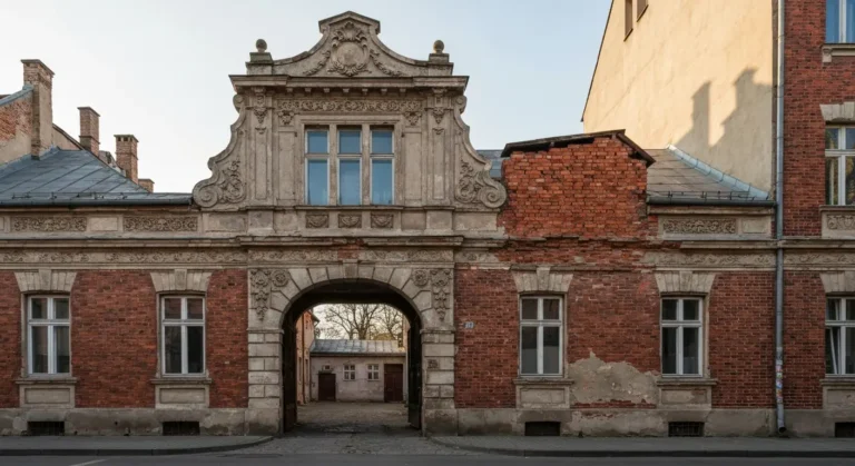 Zabytkowa fasada kamienicy na Pradze Polnoc w Warszawie z ceglana elewacja, sztukateria i szeroka brama przejazdowa prow