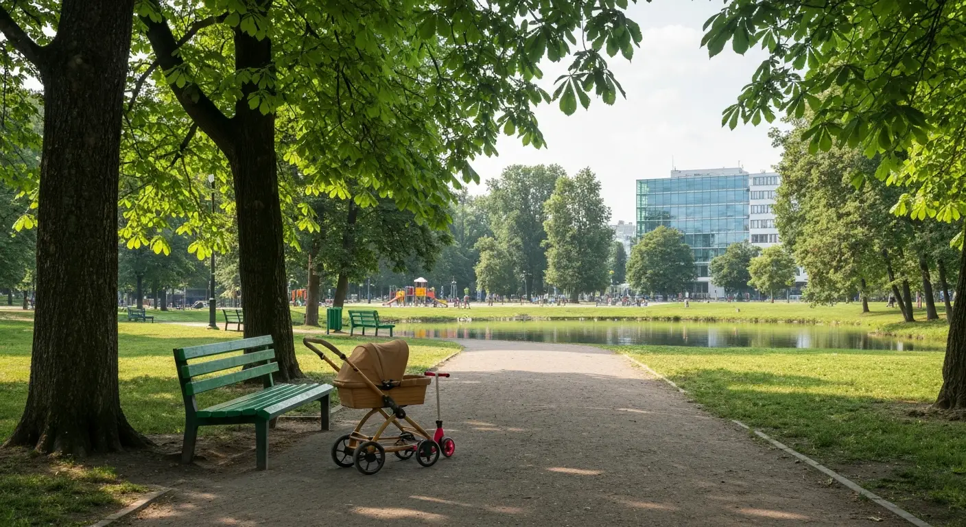 Zielona parkowa alejka w centrum Warszawy z wózkiem i dziecięcą hulajnogą przy ławce, w tle plac zabaw i budynek nad Wis