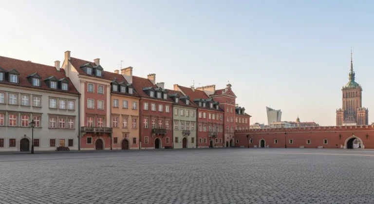 Kolorowe kamienice Rynku Starego Miasta w Warszawie w porannym swietle, z zamkiem i panorama centrum w tle
