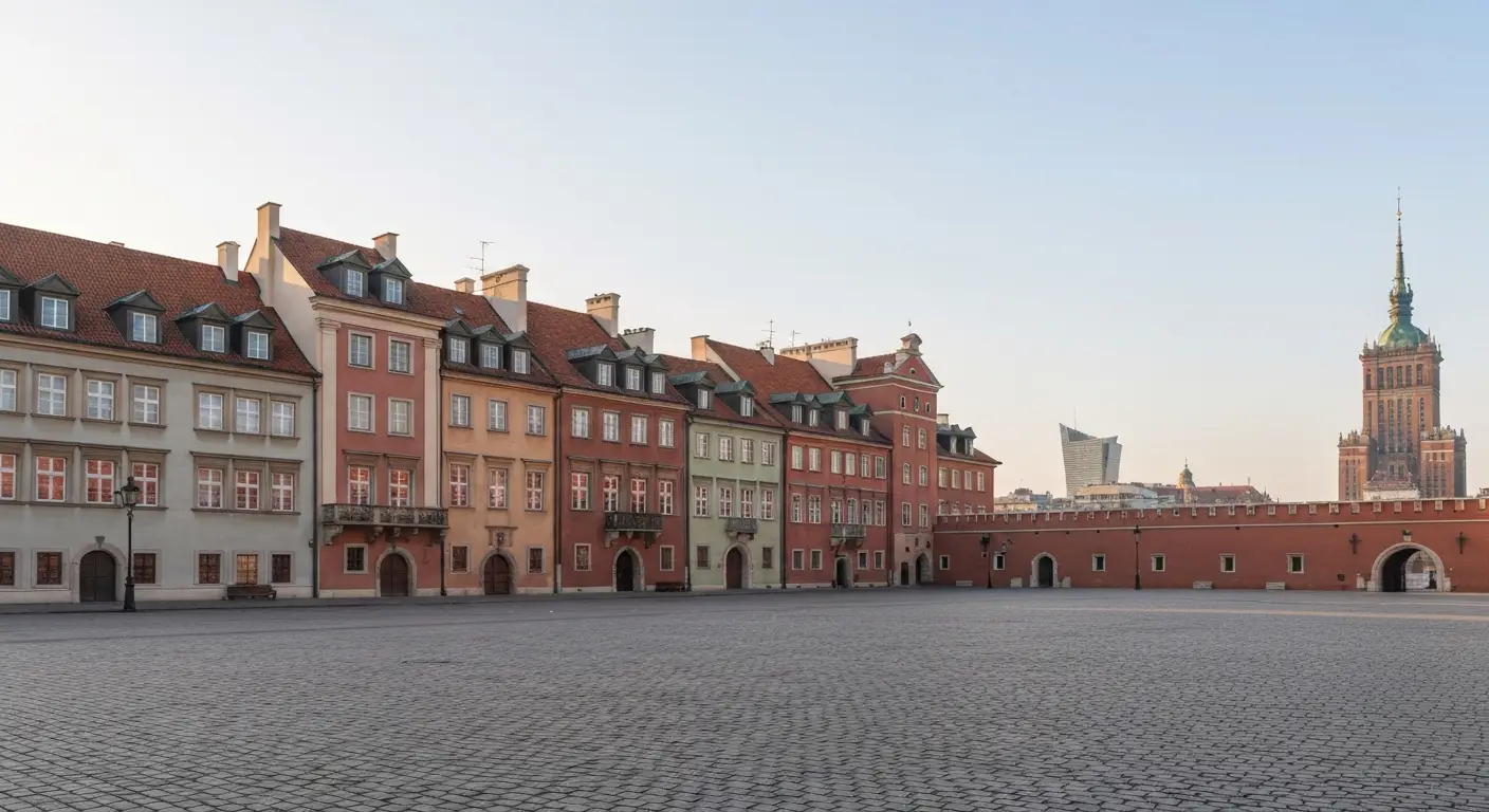 Kolorowe kamienice Rynku Starego Miasta w Warszawie w porannym swietle, z zamkiem i panorama centrum w tle