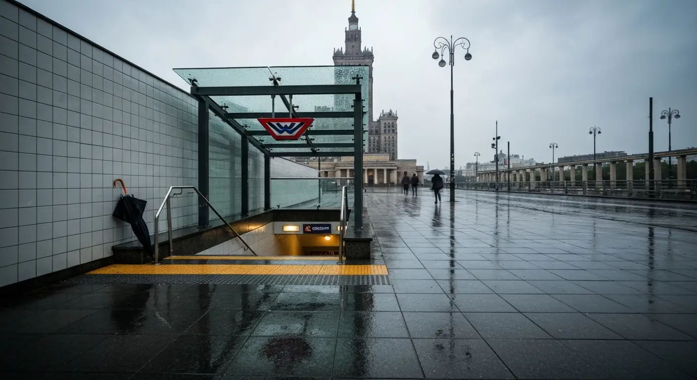 Deszczowy dzień w centrum Warszawy - wejście do stacji metra i sylwetka Pałacu Kultury i Nauki widoczna przez mżawkę, mo