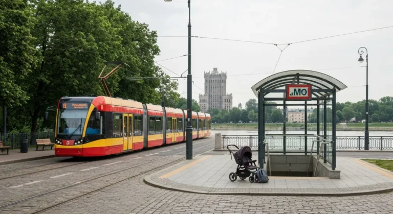 Warszawski tramwaj na Powislu nad Wisla, wozek dzieciecy i plecak przy wejsciu do metra, w tle Palac Kultury