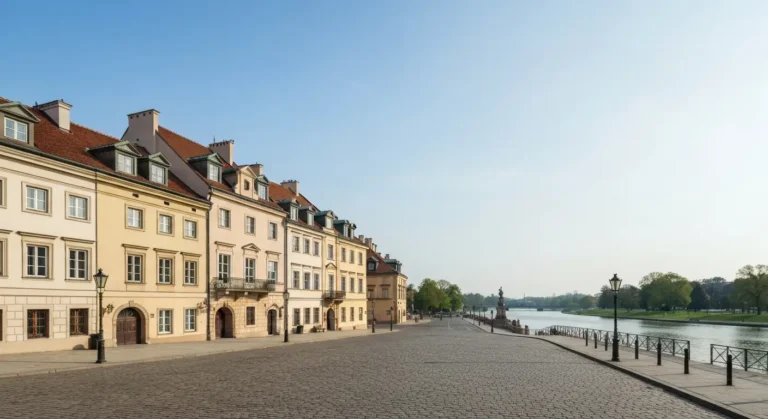 Zabytkowe kamienice Starego Miasta w Warszawie i brukowany rynek w porannym swietle, w tle zielen parkow i bulwary wisla