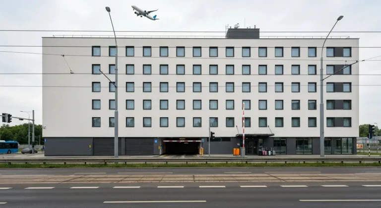 Nowoczesny hotel przylotniskowy przy ruchliwej alei w warszawskiej dzielnicy Wlochy-Okecie, z parkingiem, torami tramwaj