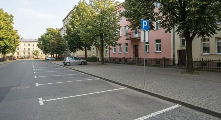 Cicha warszawska uliczka na Zoliborzu z wolnymi legalnymi miejscami parkingowymi przy krawezniku i zaparkowanym autem ob