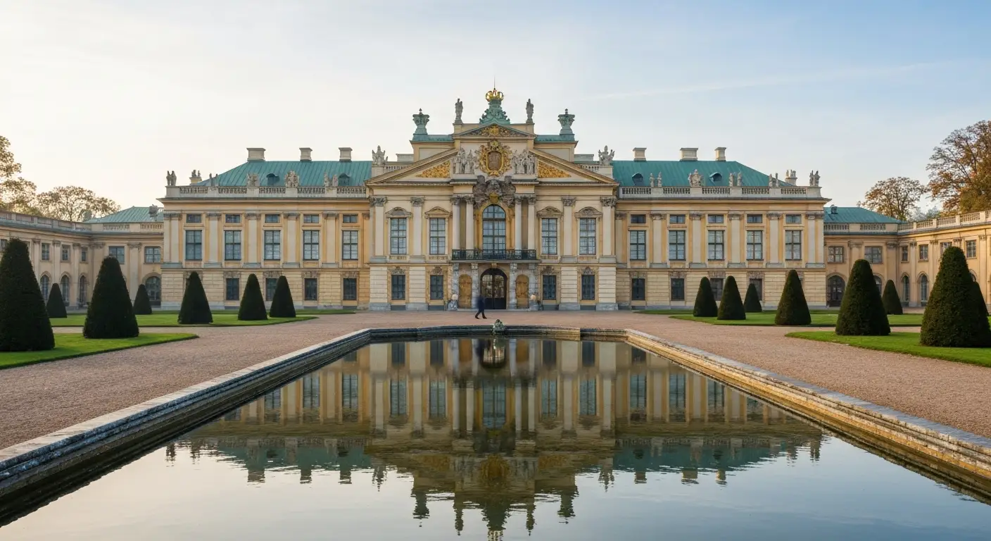 Barokowy Palac w Wilanowie w Warszawie odbity w wodzie ogrodowej, z przystrzyzonymi parterami i zwiedzajacymi w oddali w
