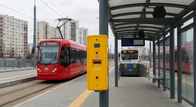 Warszawski przystanek komunikacji miejskiej z tramwajem, autobusem i zoltym kasownikiem biletow na slupku