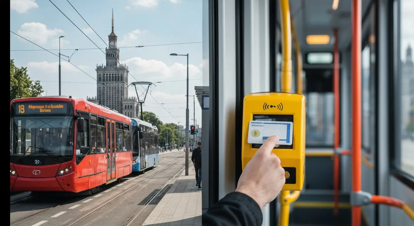Warszawski tramwaj i autobus na przystanku w centrum, w tle Palac Kultury, oraz dloni kasujacej bilet kartą przy zoltym