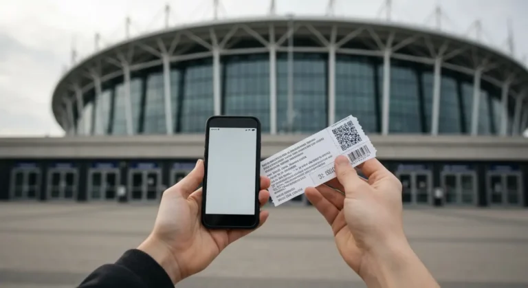 Dlonie trzymajace smartfon z biletem elektronicznym i papierowy bilet przed wejsciem do warszawskiej hali wydarzen
