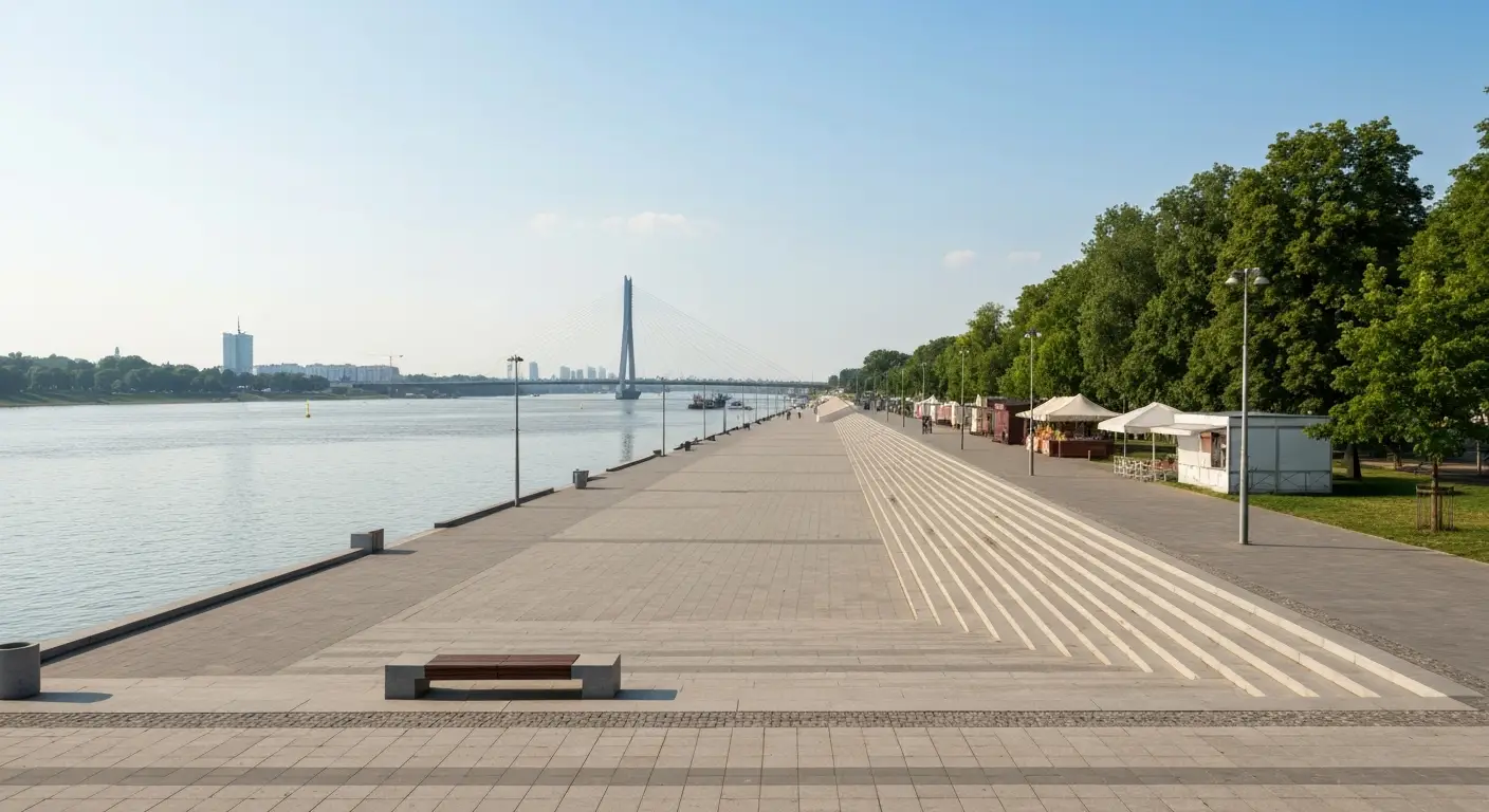 Bulwary Wislane nad Wisla w Warszawie w letni dzien - szeroka promenada, schody nad woda i most w tle