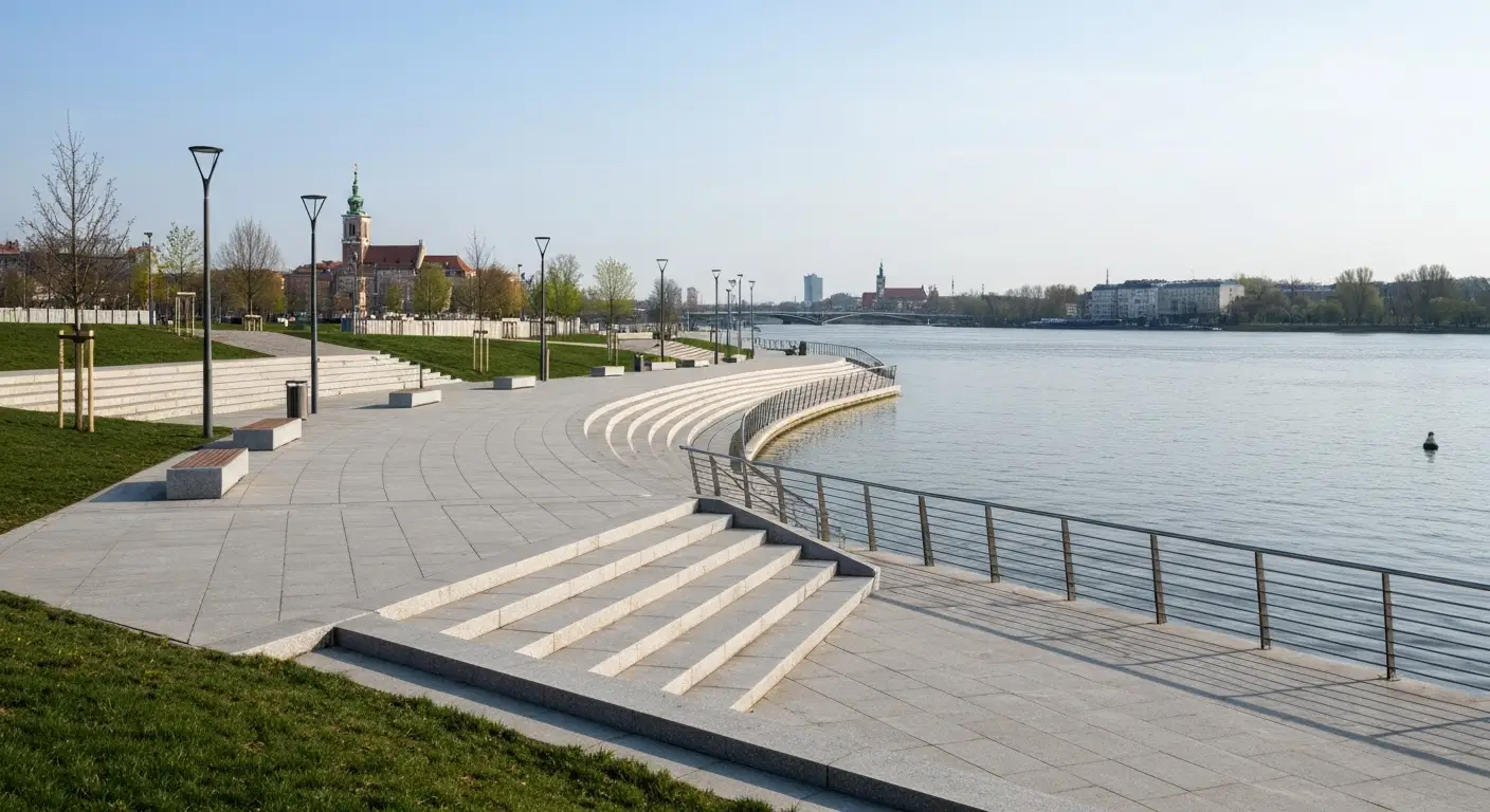 Bulwary Wiślane w Warszawie - szeroka nadrzeczna promenada wzdłuż Wisły z ławkami i widokiem na panoramę miasta w tle