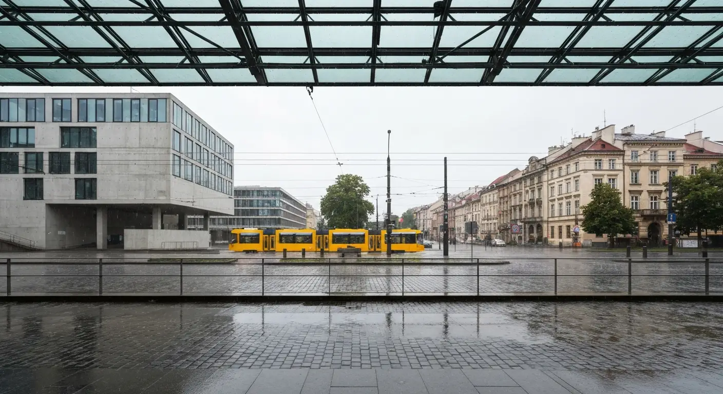 Deszczowy dzien w centrum Warszawy widziany spod szklanego dachu muzeum, mokra bruk i rozmyty tramwaj w tle