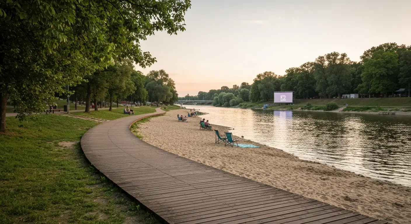 Letni wieczor na Bulwarach Wislanych w Warszawie - piaszczysta plaza, koce piknikowe i kino plenerowe nad Wisla