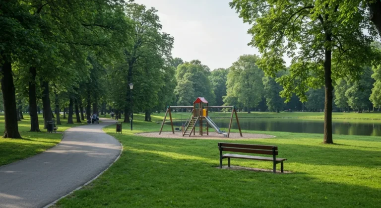 Sloneczna aleja w warszawskim parku z lawka, placem zabaw i stawem, idealna na rodzinny spacer z dziecmi