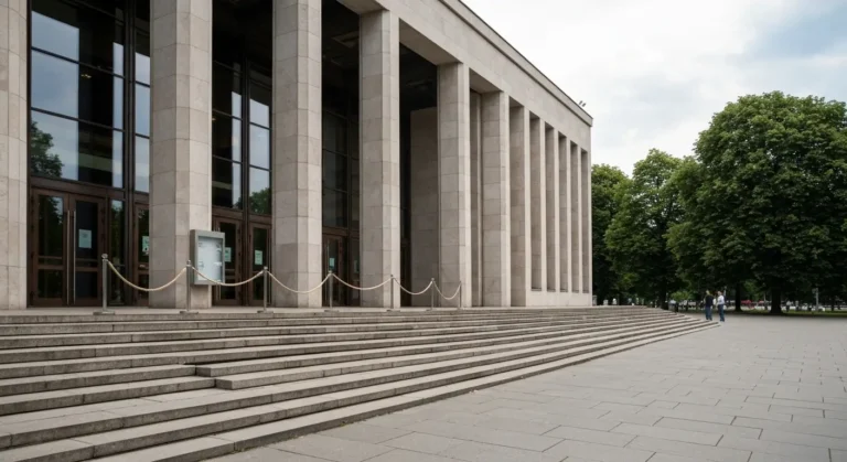 Wejscie do warszawskiego muzeum narodowego - kamienne schody, kolumny i szklane drzwi w letnim swietle, pusty plac z bar
