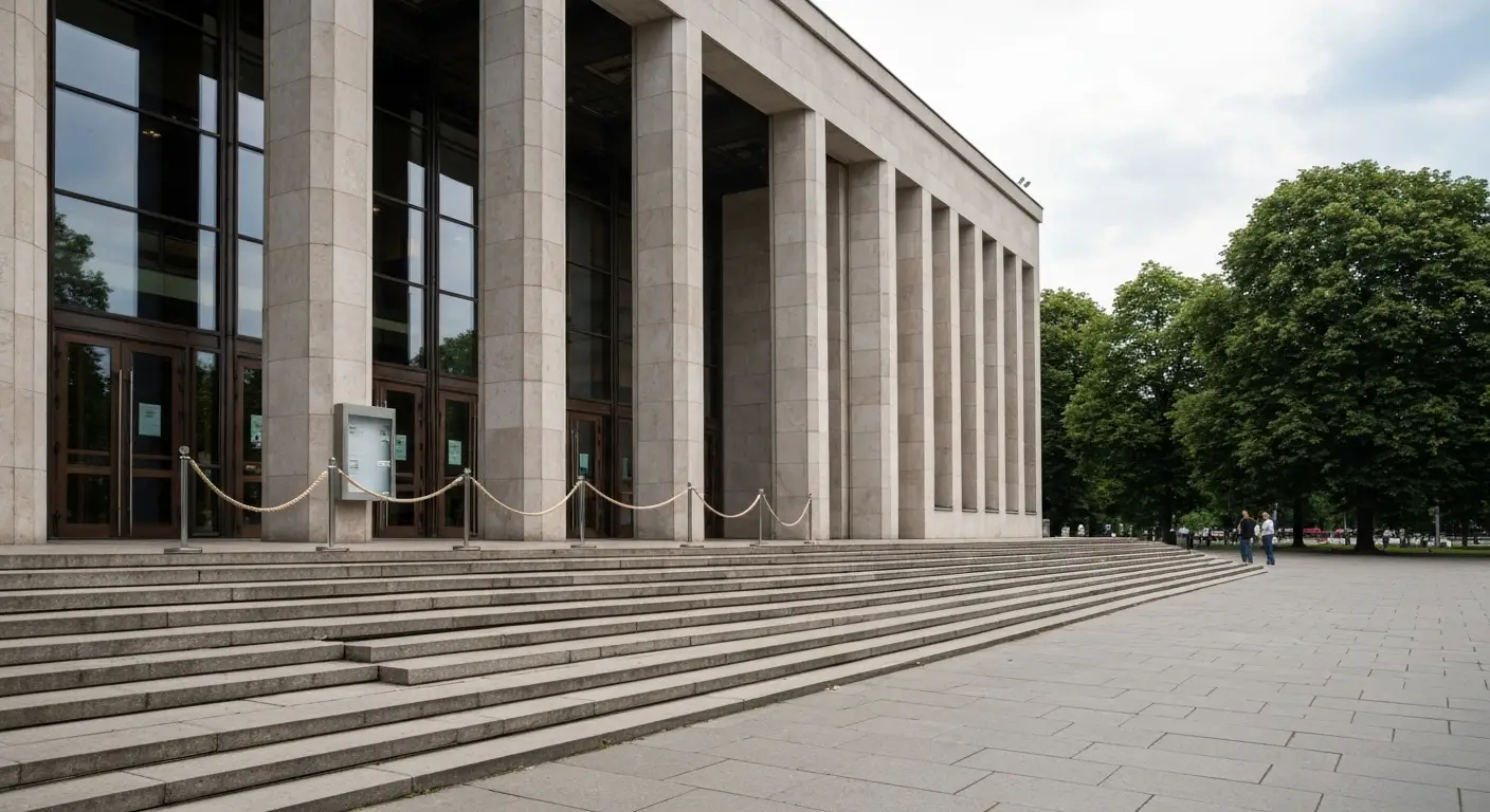 Wejscie do warszawskiego muzeum narodowego - kamienne schody, kolumny i szklane drzwi w letnim swietle, pusty plac z bar