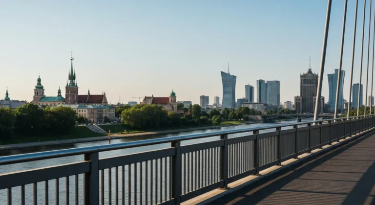 Panorama Warszawy widziana za darmo z mostu nad Wisłą - Stare Miasto, wieżowce Śródmieścia i rzeka o zachodzie słońca
