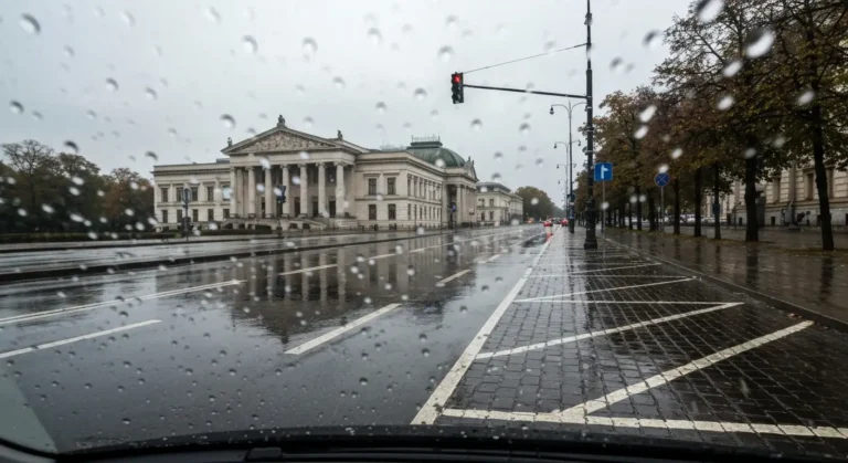 Deszczowy dzien w Warszawie widziany z auta - mokra ulica w Srodmiesciu, krople na szybie i gmach muzeum w tle