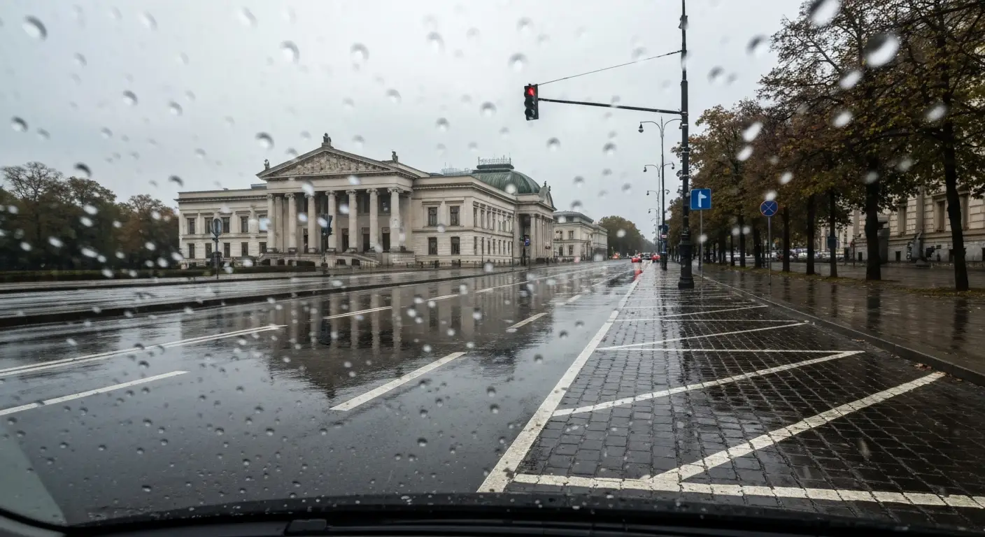 Deszczowy dzien w Warszawie widziany z auta - mokra ulica w Srodmiesciu, krople na szybie i gmach muzeum w tle