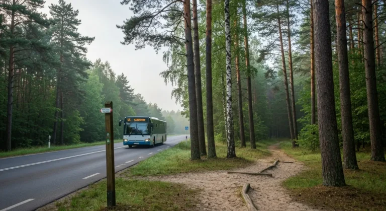 Podmiejski przystanek autobusowy na skraju Puszczy Kampinoskiej pod Warszawa, autobus i piaszczysta sciezka prowadzaca w