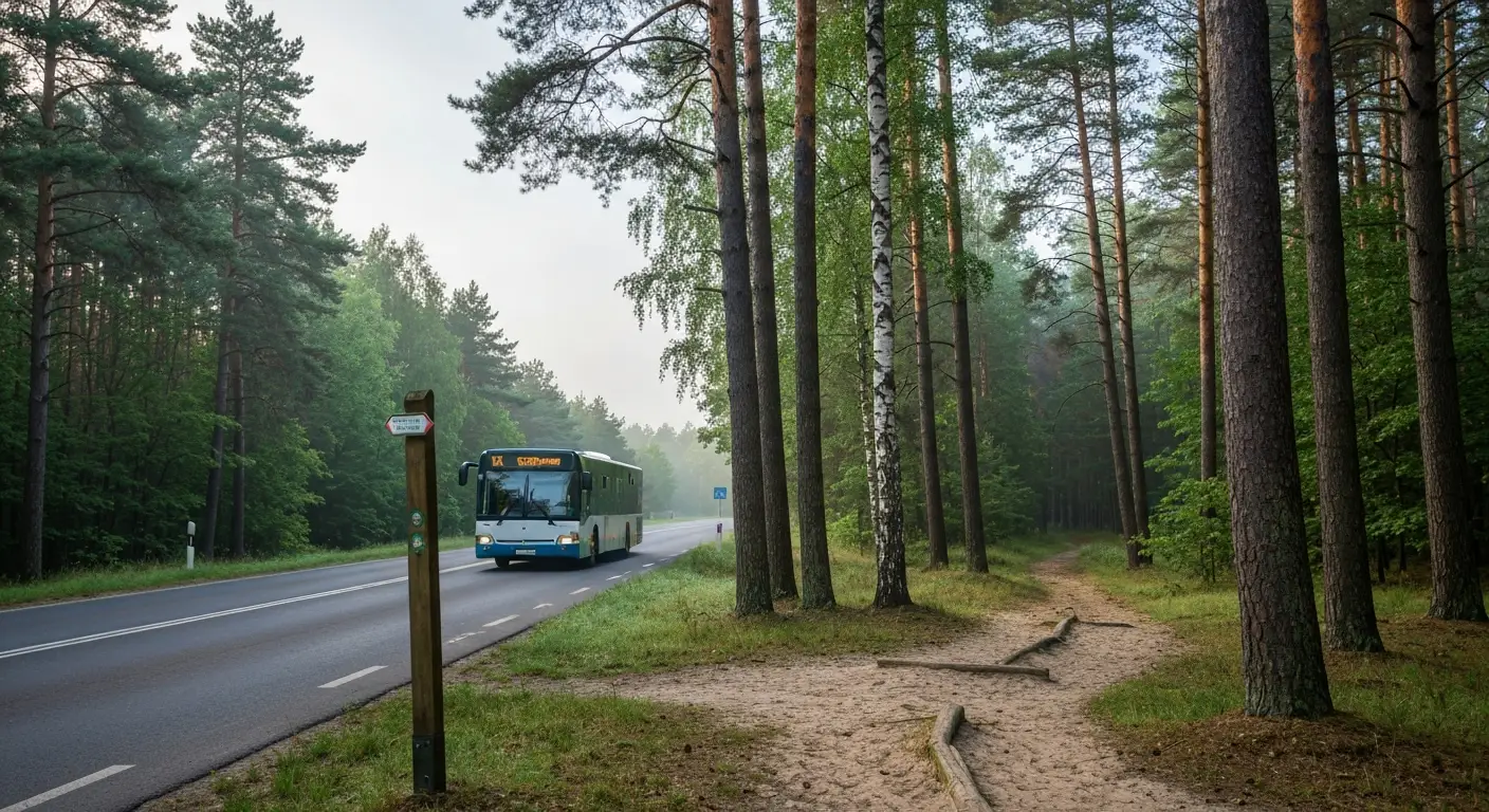 Podmiejski przystanek autobusowy na skraju Puszczy Kampinoskiej pod Warszawa, autobus i piaszczysta sciezka prowadzaca w