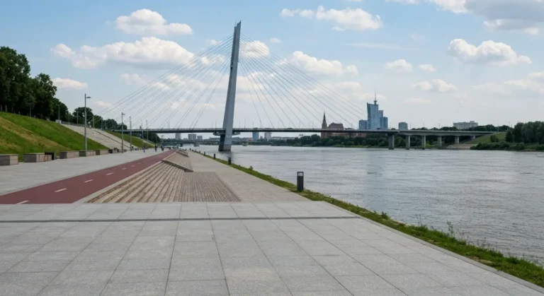Bulwary Wislane w Warszawie z promenada nad Wisla i Mostem Swietokrzyskim w tle w sloneczny dzien