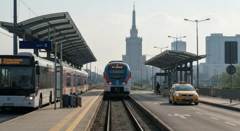 Nowoczesny pociag podmiejski, autobus i taksowka przy peronie Lotniska Chopina w Warszawie z walizkami i sylwetka Palacu
