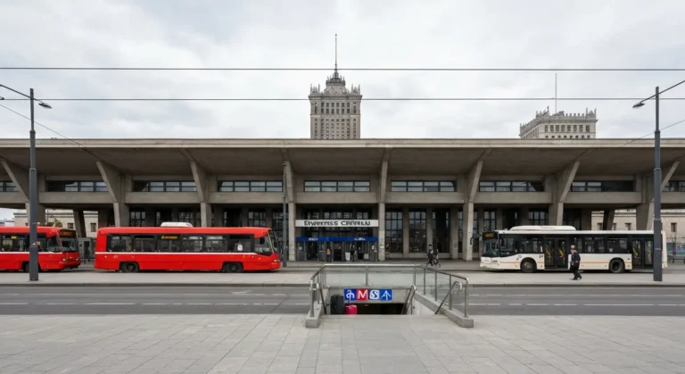Dworzec Centralny w Warszawie z tramwajem, autobusem i wejsciem do metra, w tle Palac Kultury