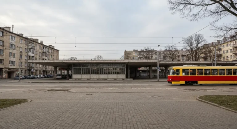 Modernistyczny budynek dworca kolejowego na warszawskiej Pradze z placem, parkingiem i przejezdzajacym tramwajem w pochm