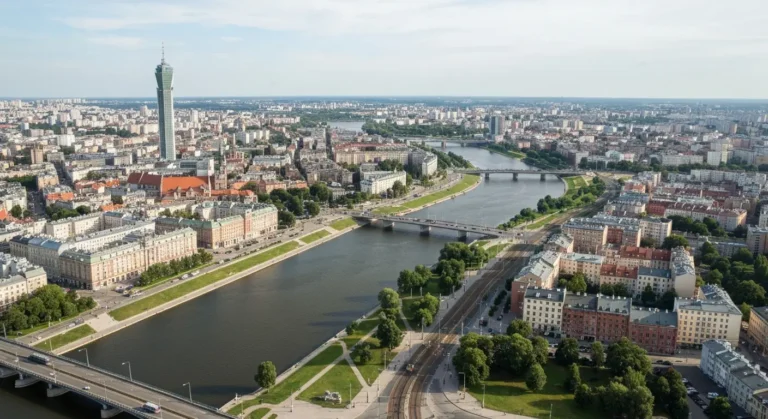 Widok z lotu ptaka na Warszawe z Wisla dzielaca miasto na dwa brzegi, mostami, wiezowcem w centrum i zabudowa dzielnic