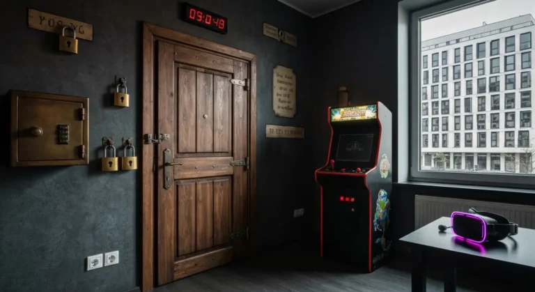 Wnetrze warszawskiego escape roomu z drewnianymi drzwiami, klodkami, sejfem i zegarem odliczajacym czas, w tle automat a