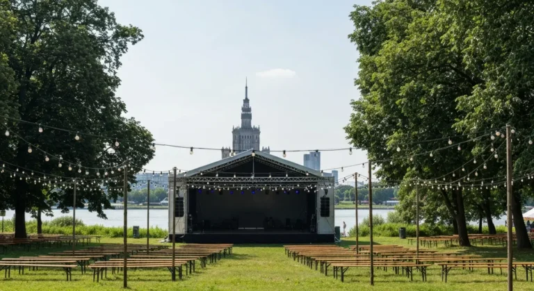 Plenerowa scena festiwalowa w nadwislanskim parku w Warszawie, w tle sylwetka Palacu Kultury i Nauki w swietle dnia.