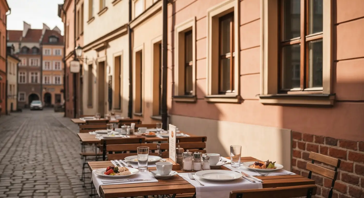 Stolik restauracyjny z polskim sniadaniem na brukowanej uliczce przy kolorowych kamienicach Rynku Starego Miasta w Warsz