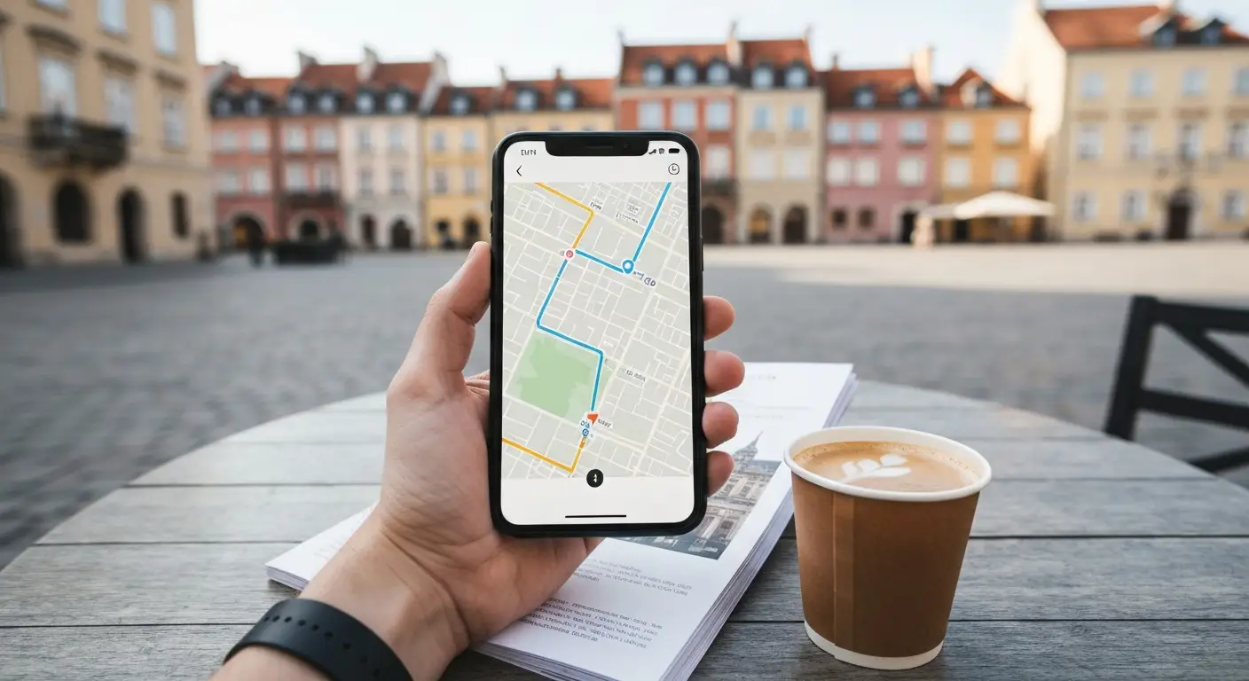 Smartfon z aplikacja mapy i trasami trzymany nad stolikiem kawiarni, w tle rozmyte kamienice warszawskiej Starowki w dzi