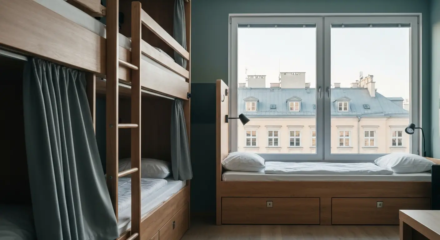 Wnetrze nowoczesnego hostelu w centrum Warszawy z drewnianymi lozkami pietrowymi, zaslonkami przy lozkach i oknem z wido