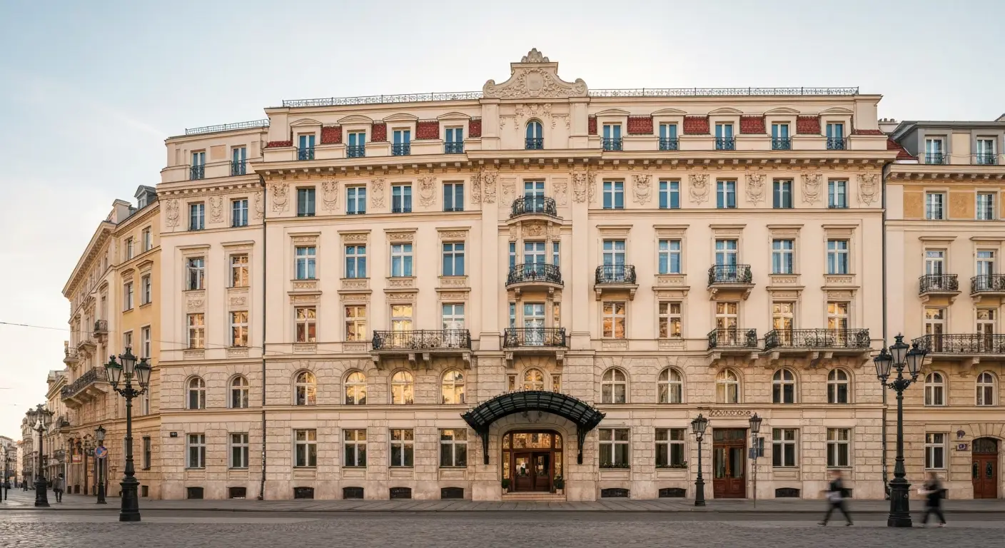 Zabytkowa secesyjna fasada eleganckiego hotelu przy Krakowskim Przedmieściu w Warszawie o poranku, brukowana ulica i lat