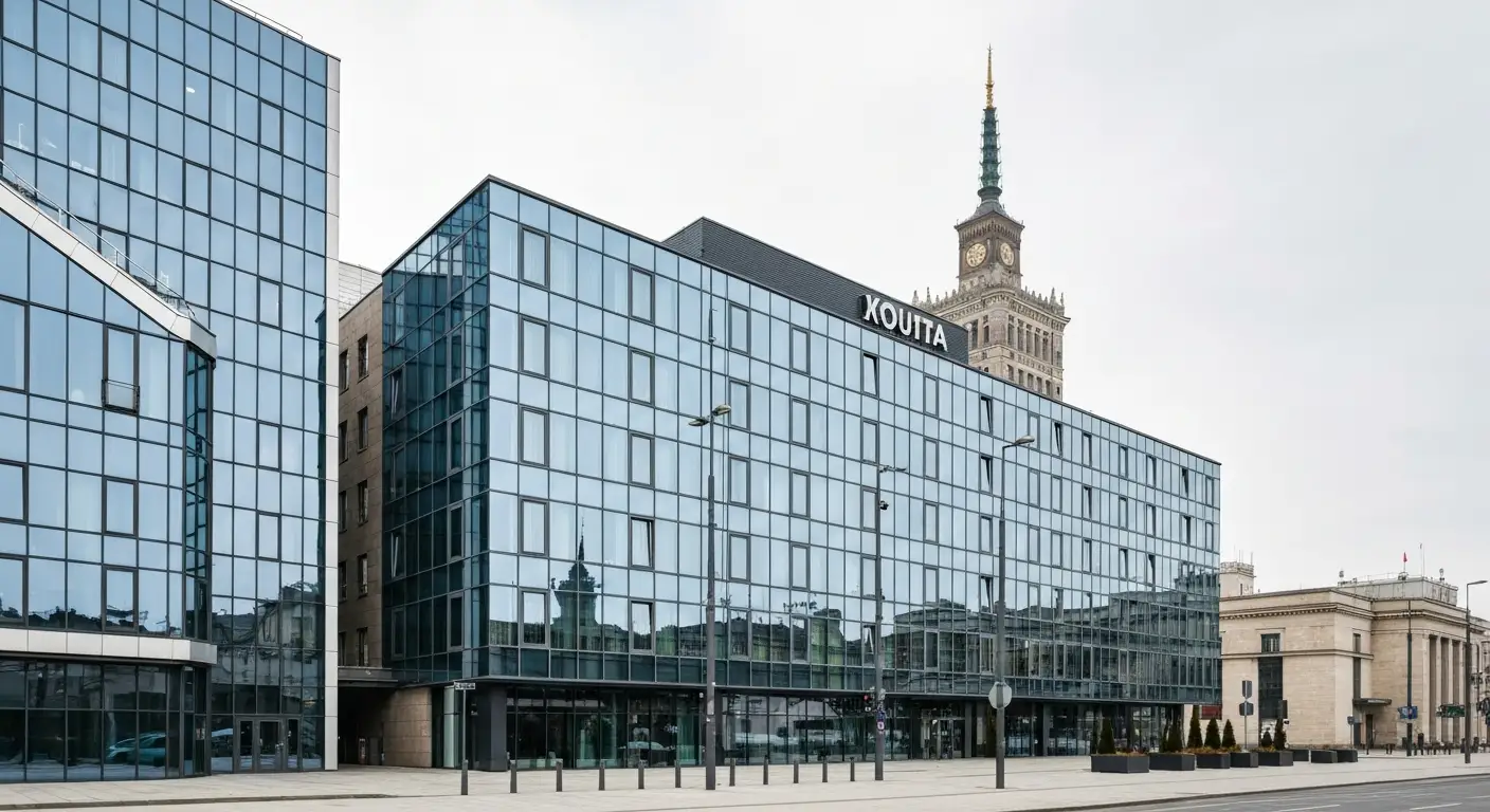 Nowoczesny czterogwiazdkowy hotel przy Dworcu Centralnym w Warszawie, w tle Palac Kultury i Nauki oraz szklane biurowce