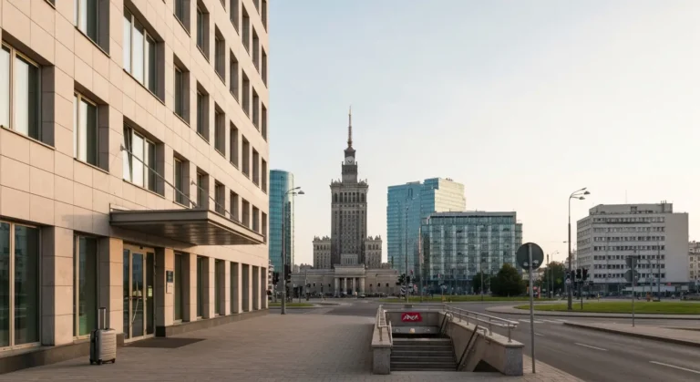 Nowoczesny hotel przy ulicy w centrum Warszawy z walizka przy wejsciu, w tle Palac Kultury i Nauki oraz wiezowce Srodmie