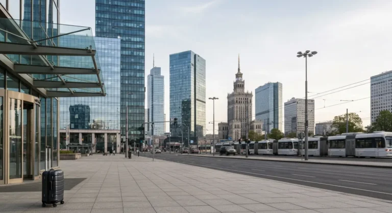 Nowoczesny szklany hotel przy Dworcu Centralnym w Warszawie z walizką na chodniku i Pałacem Kultury w tle
