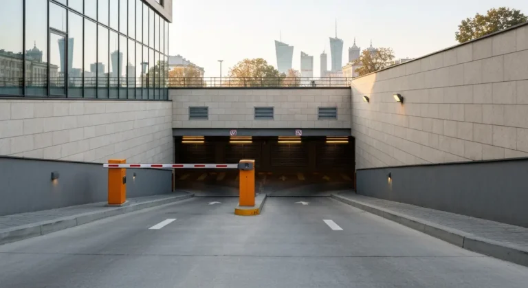 Zjazd do podziemnego parkingu hotelowego w centrum Warszawy z szlabanem i strzalkami na betonowej posadzce, w tle nowocz