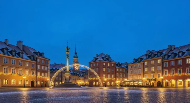 Nocna iluminacja swiateczna na Placu Zamkowym w Warszawie - Zamek Krolewski i kamienice Starego Miasta w cieplych swiate