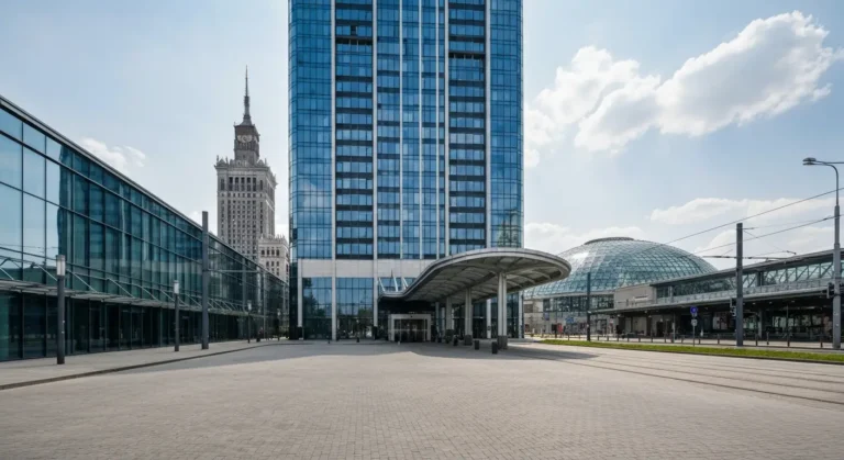 Nowoczesny wysokosciowy hotel ze szklana elewacja w centrum Warszawy, w tle Palac Kultury i szklana kopula galerii, podj