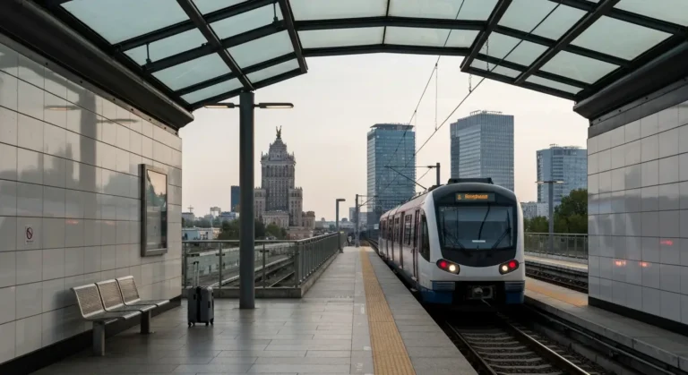 Nowoczesny pociag przy peronie stacji Warszawa Lotnisko Chopina, walizka na peronie, w tle panorama Warszawy z Palacem K