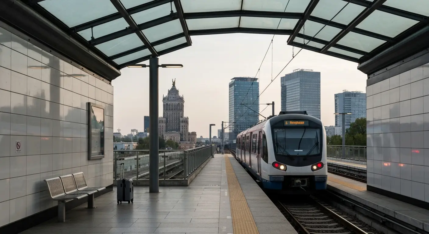 Nowoczesny pociag przy peronie stacji Warszawa Lotnisko Chopina, walizka na peronie, w tle panorama Warszawy z Palacem K