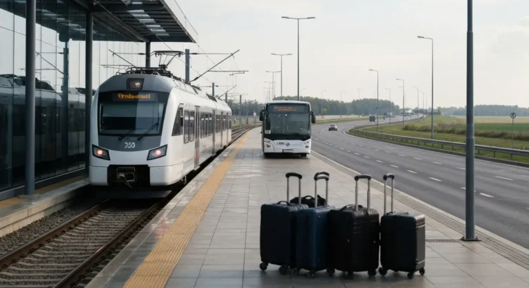 Peron podmiejskiej kolei i bialy autobus transferowy przy szklanym terminalu lotniska pod Warszawa, walizki na wozku, dr