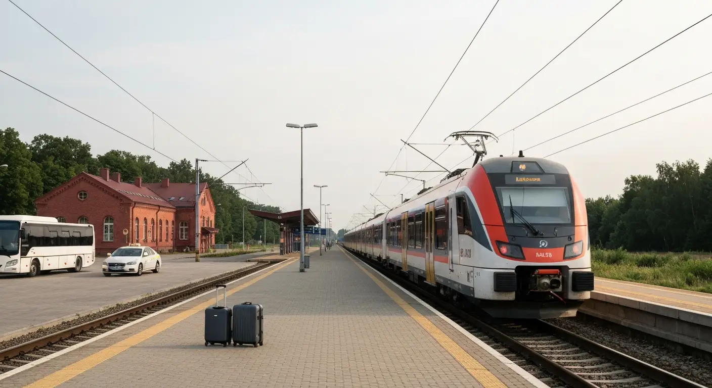 Peron kolejowy pod Warszawa z pociagiem Kolei Mazowieckich, autobusem lotniskowym i taxi oraz walizkami, dojazd z Lotnis