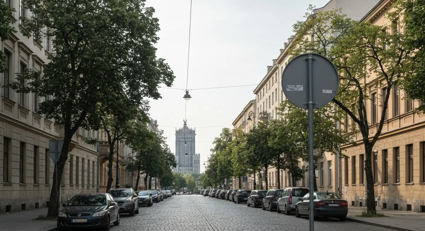 Spokojna ulica w warszawskim Srodmiesciu z kamienicami, zaparkowanymi autami i pustym slupkiem znaku, w tle zarys Palacu